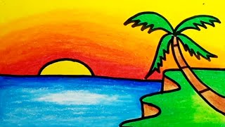 How To Draw Sunset Scenery Easy For Beginners Drawing Sunset Scenery Step By Step [upl. by Natiha4]