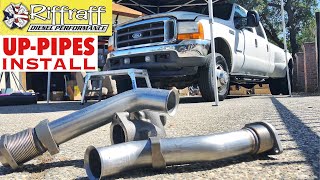 2001 F350 73  RiffRaff UpPipes Install  Stock up pipes leaking and falling apart JUNK SP [upl. by Udall]