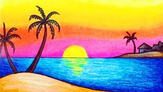 How to Draw Simple Scenery for Beginners  Drawing Sunset Scenery [upl. by Mloclam325]